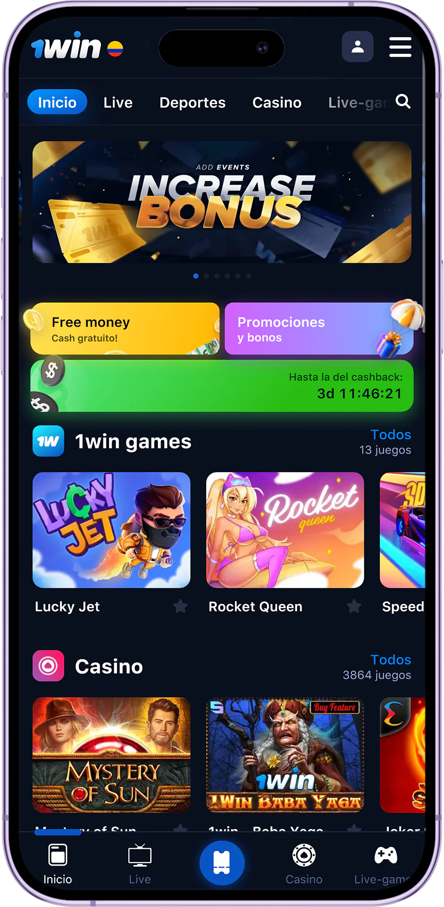 Aplicación móvil 1Win para los colombianos