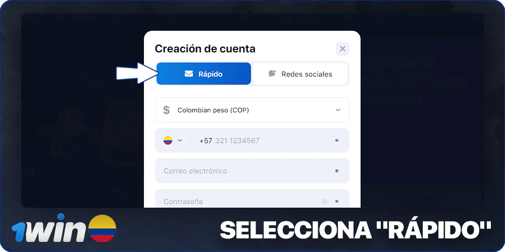 Elija un método rápido para registrarse en 1Win