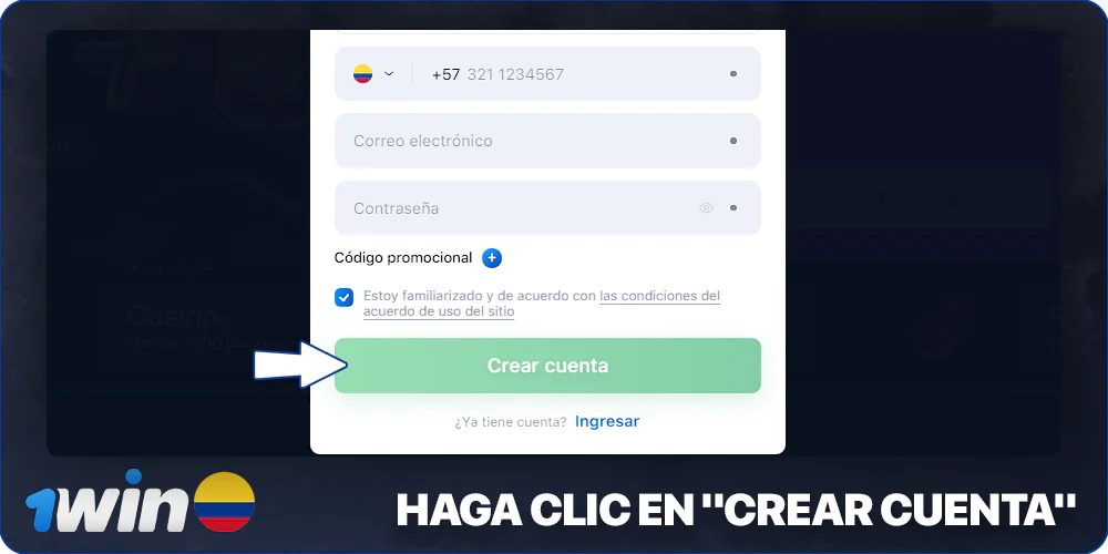 Haga clic en "crear cuenta" y complete el registro en 1Win